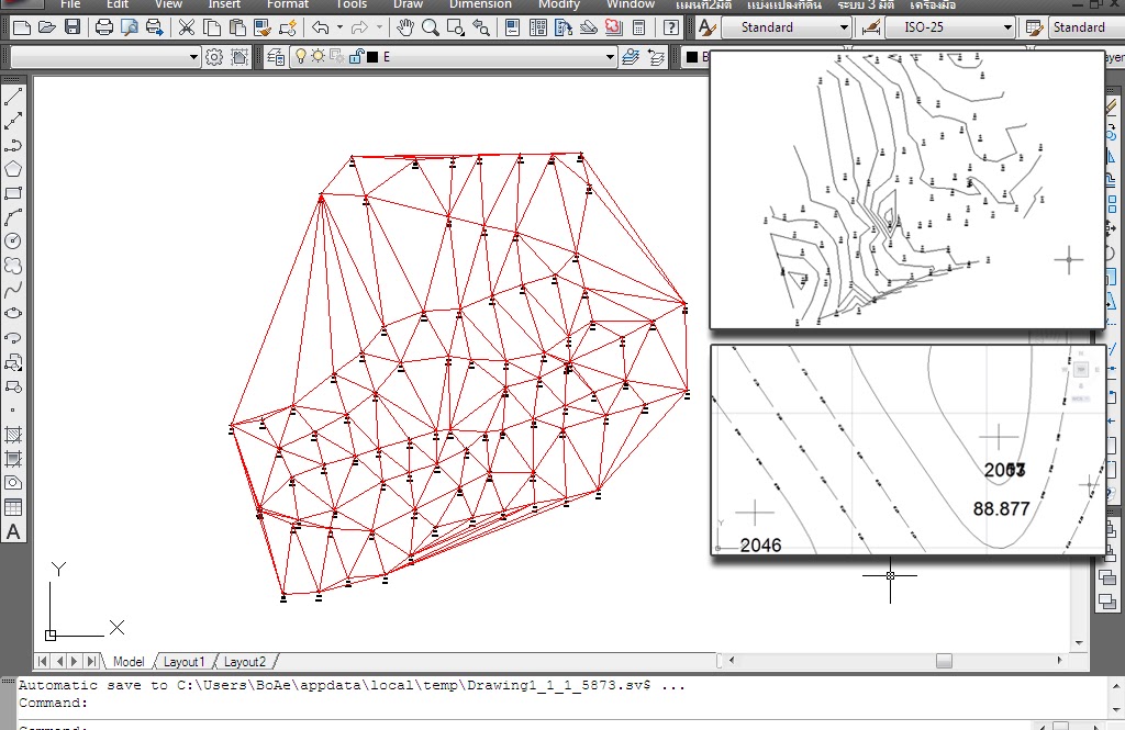 ตัวอย่างเส้น contour และ triangulation ในงานสำรวจ